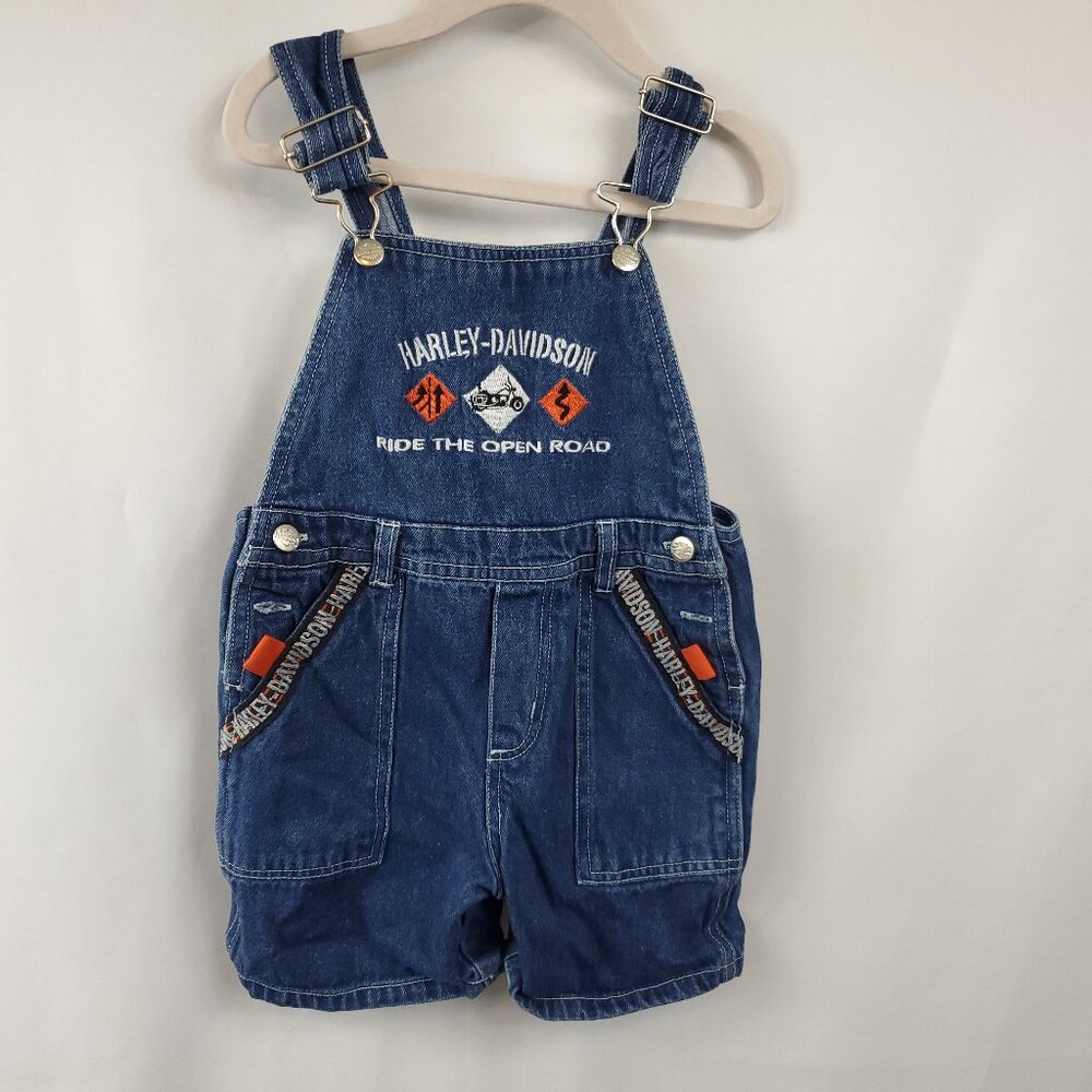 Vintage Adorable Harley Davidson Ride The Open Road Blue Denim Shortalls Sz 3T